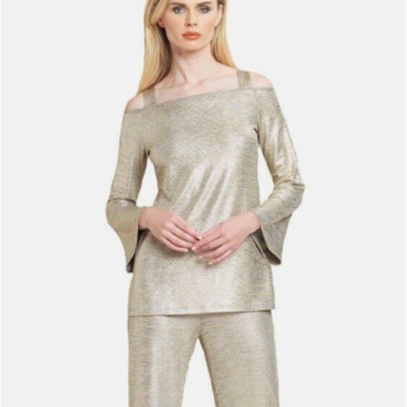 CLARA SUN WOO Lamé Open Shoulder Bell Sleeve Top Gold Metallic Lagenlook Small - Picture 1 of 11